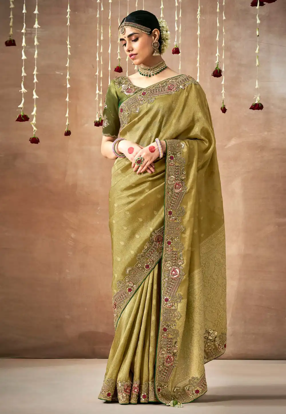 Mehndi Tissue Silk Saree With Blouse 295072