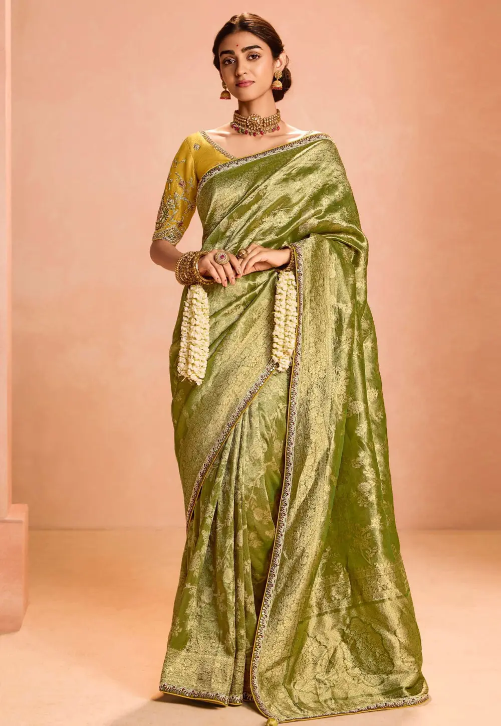 Mehndi Tissue Silk Saree With Blouse 302054