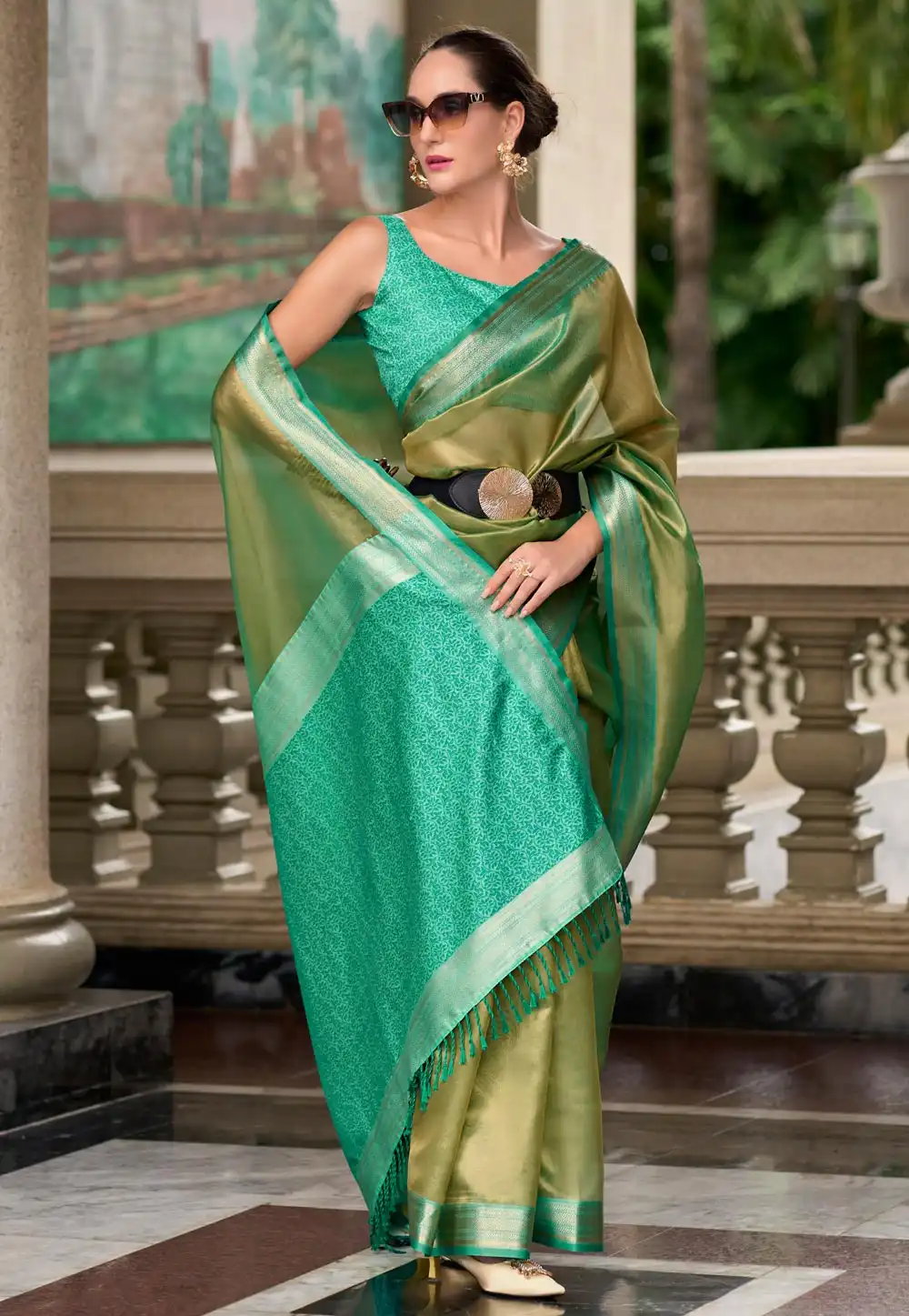 Mehndi Tissue Silk Saree With Blouse 294266