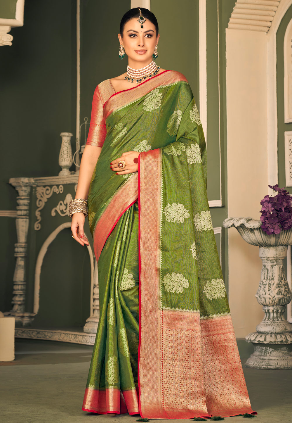 Mehndi Tissue Silk Saree With Blouse 278729
