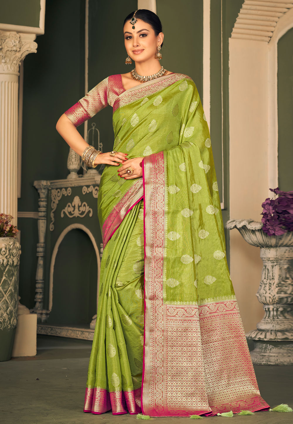 Mehndi Tissue Silk Saree With Blouse 278731