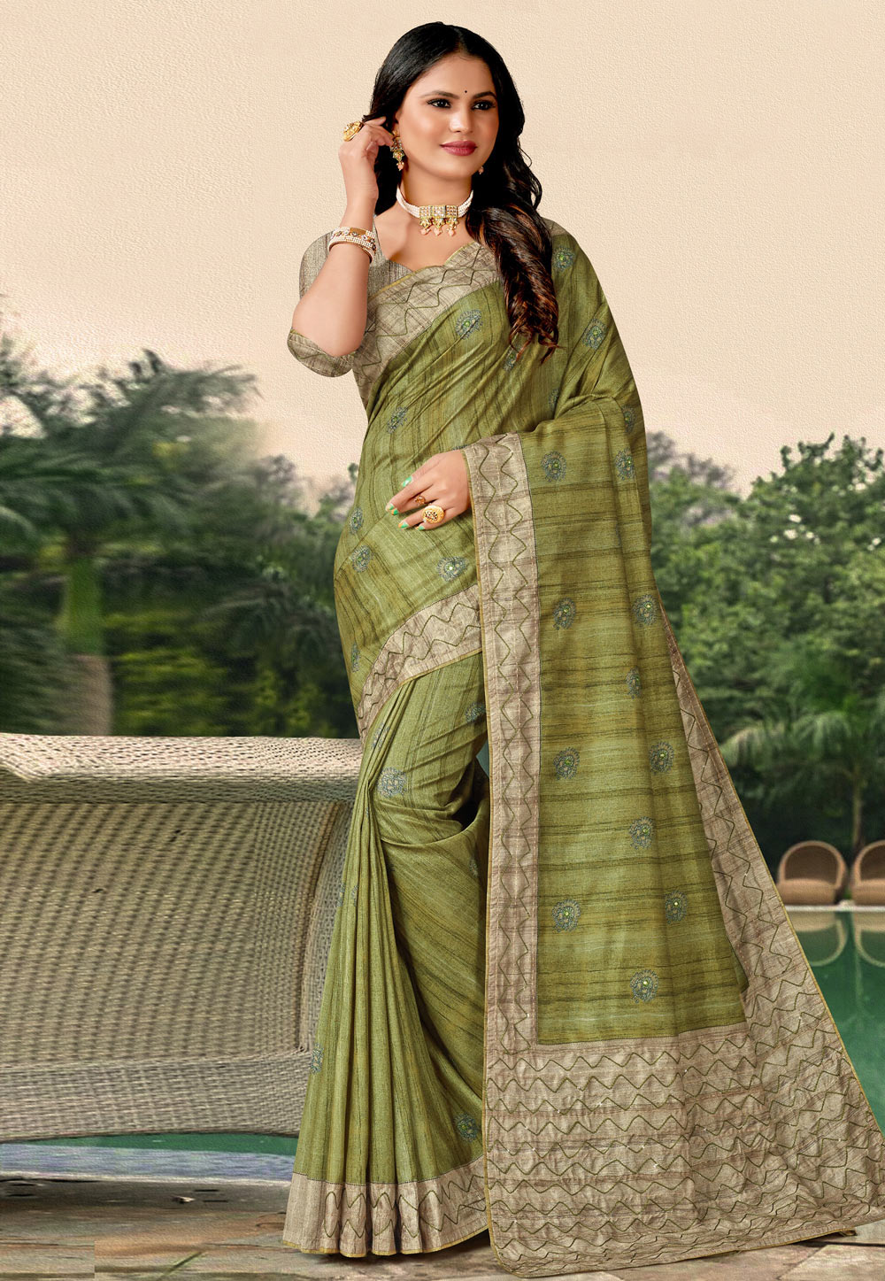 Mehndi Tussar Silk Saree With Blouse 279002