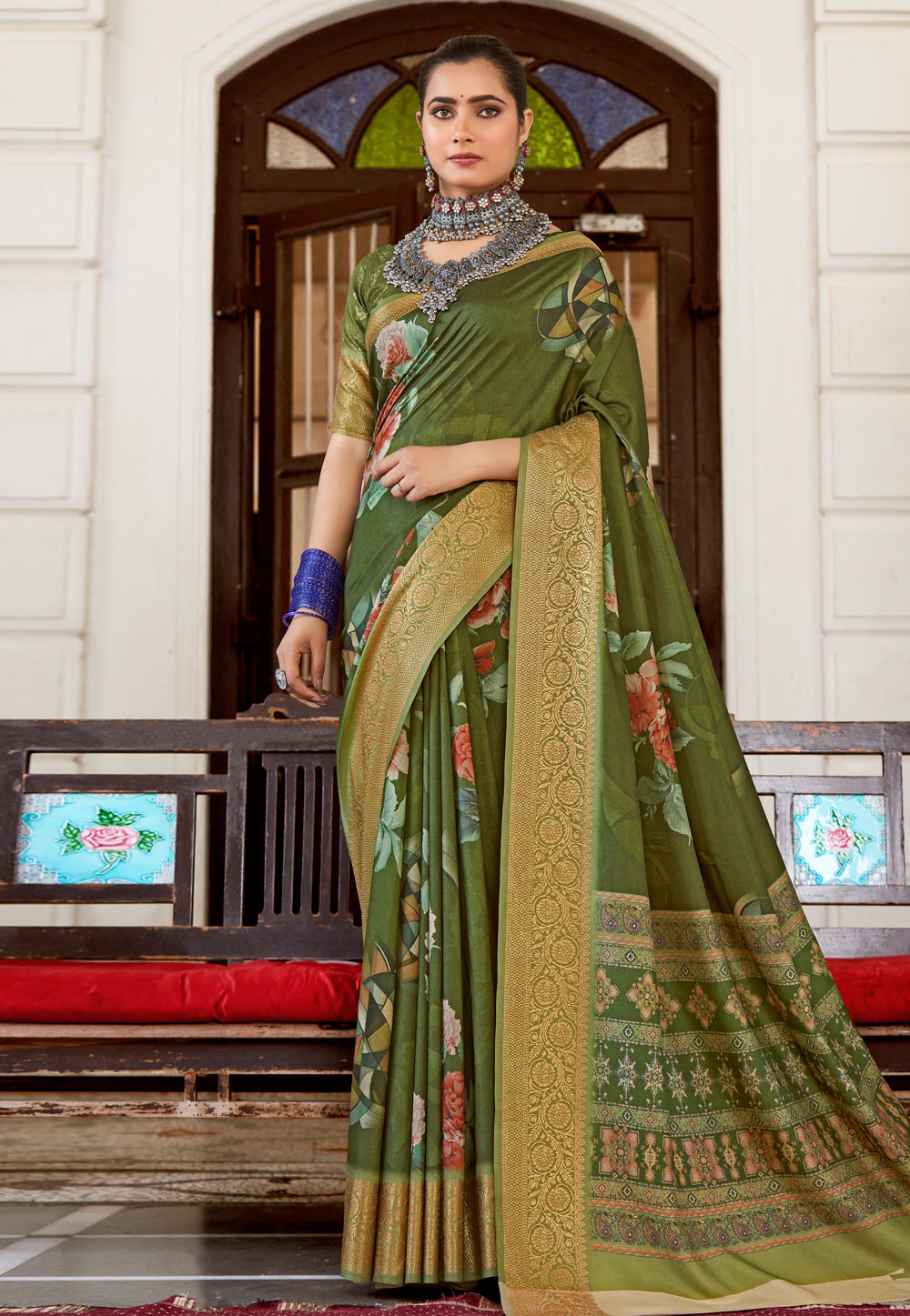 Mehndi Tussar Silk Saree With Blouse 282811
