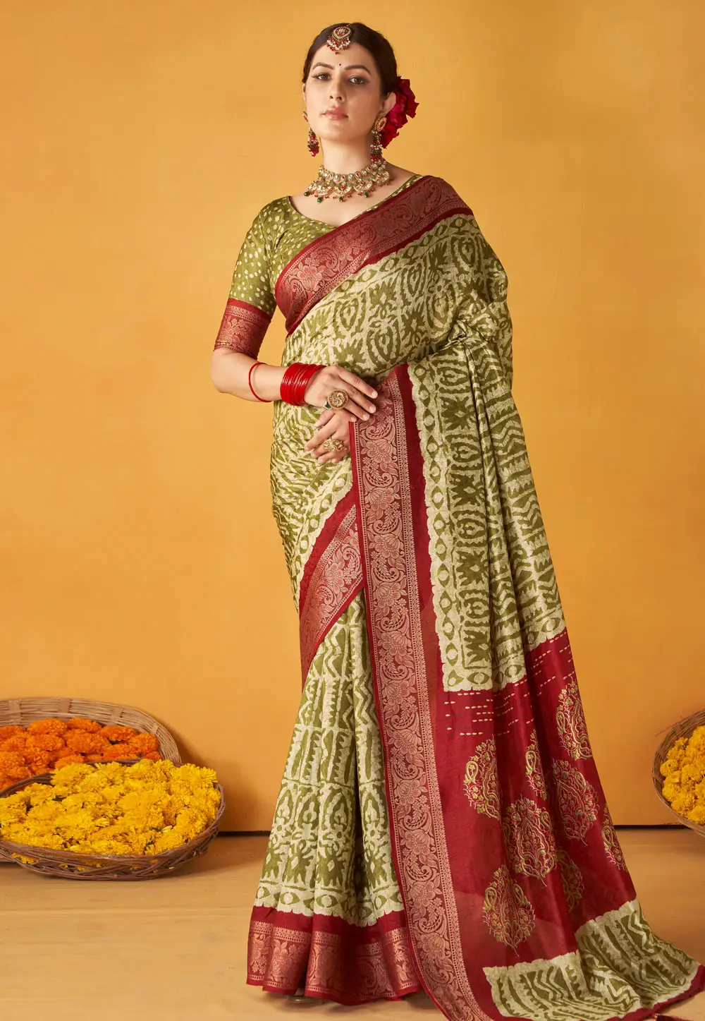 Mehndi Tussar Silk Saree With Blouse 296396