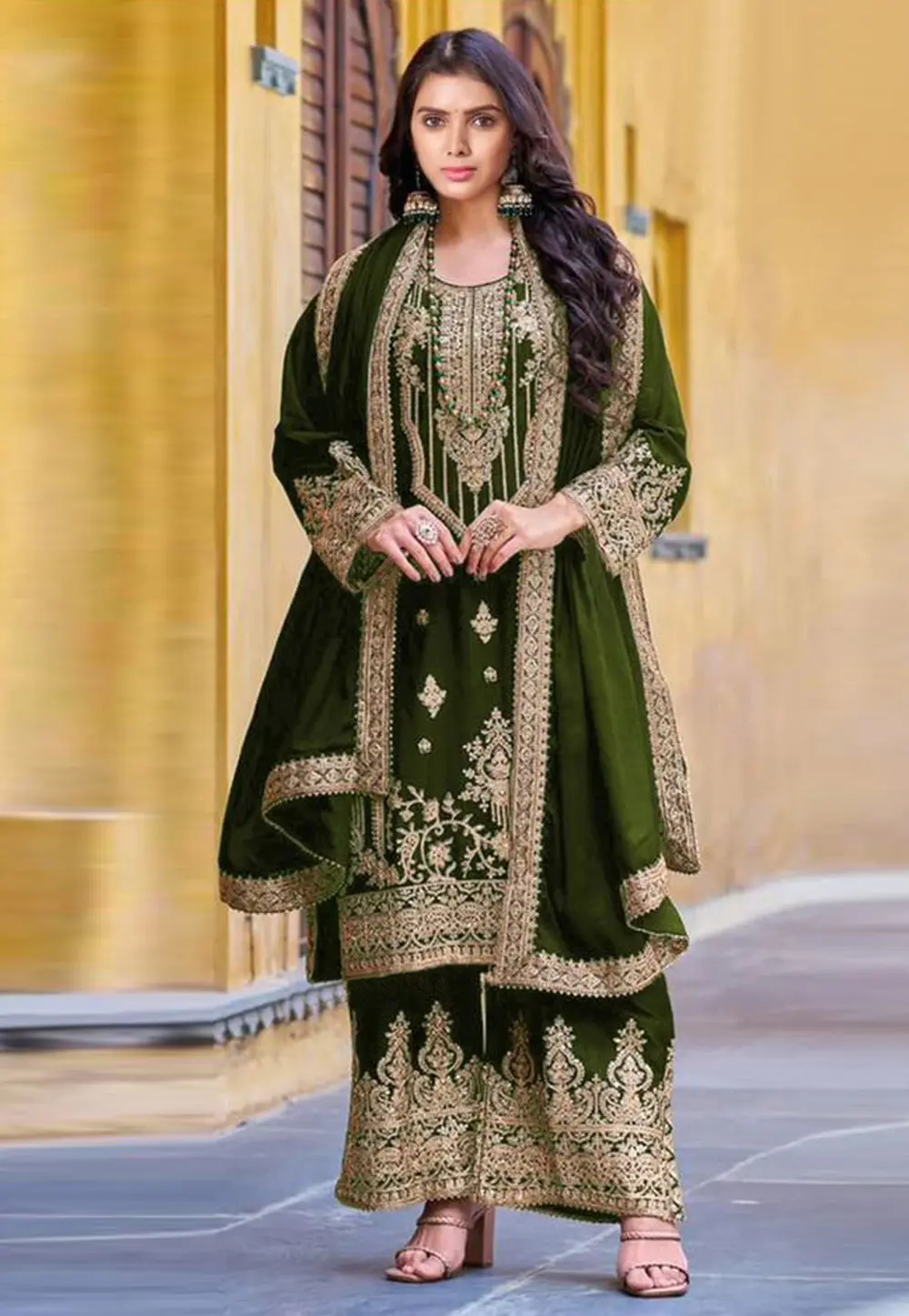 Mehndi Velvet Palazzo Suit 302911