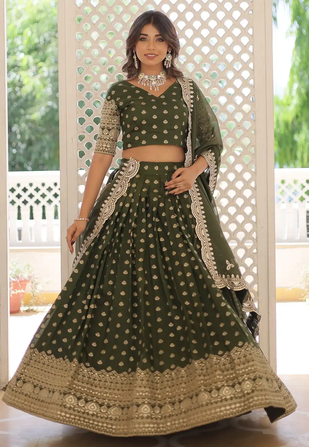 Mehndi Viscose Jacquard Circular Lehenga Choli 291507