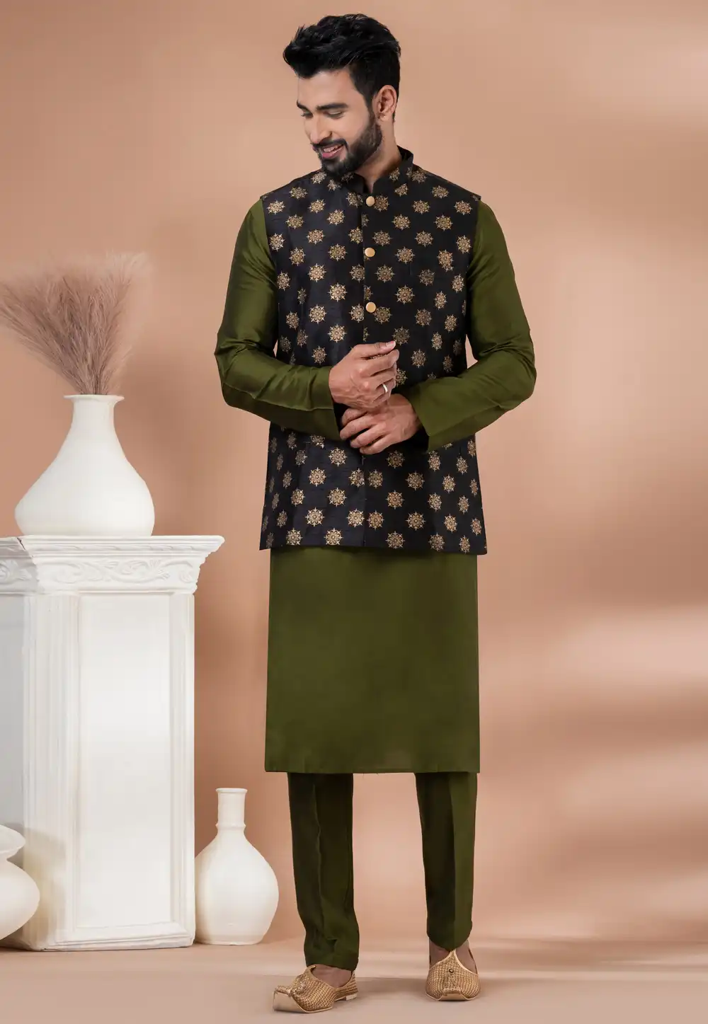 Mehndi Viscose Kurta Pajama With Jacket 288703