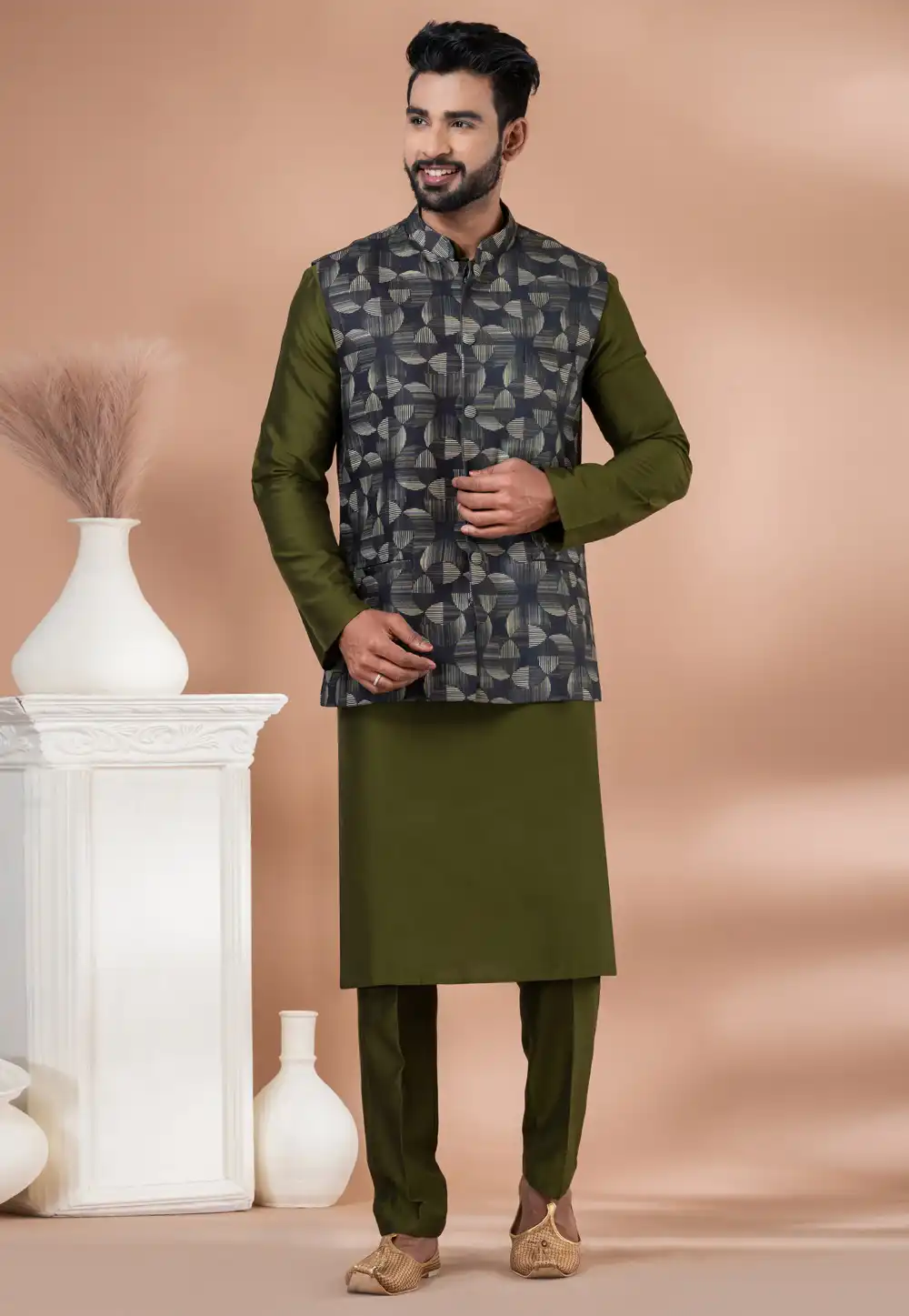 Mehndi Viscose Kurta Pajama With Jacket 288722