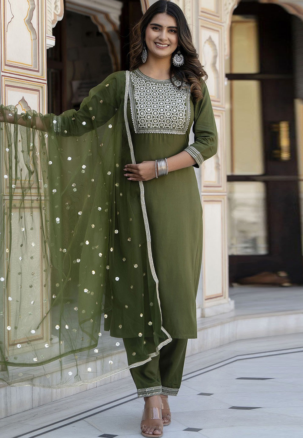 Mehndi Viscose Rayon Readymade Pakistani Suit 283052