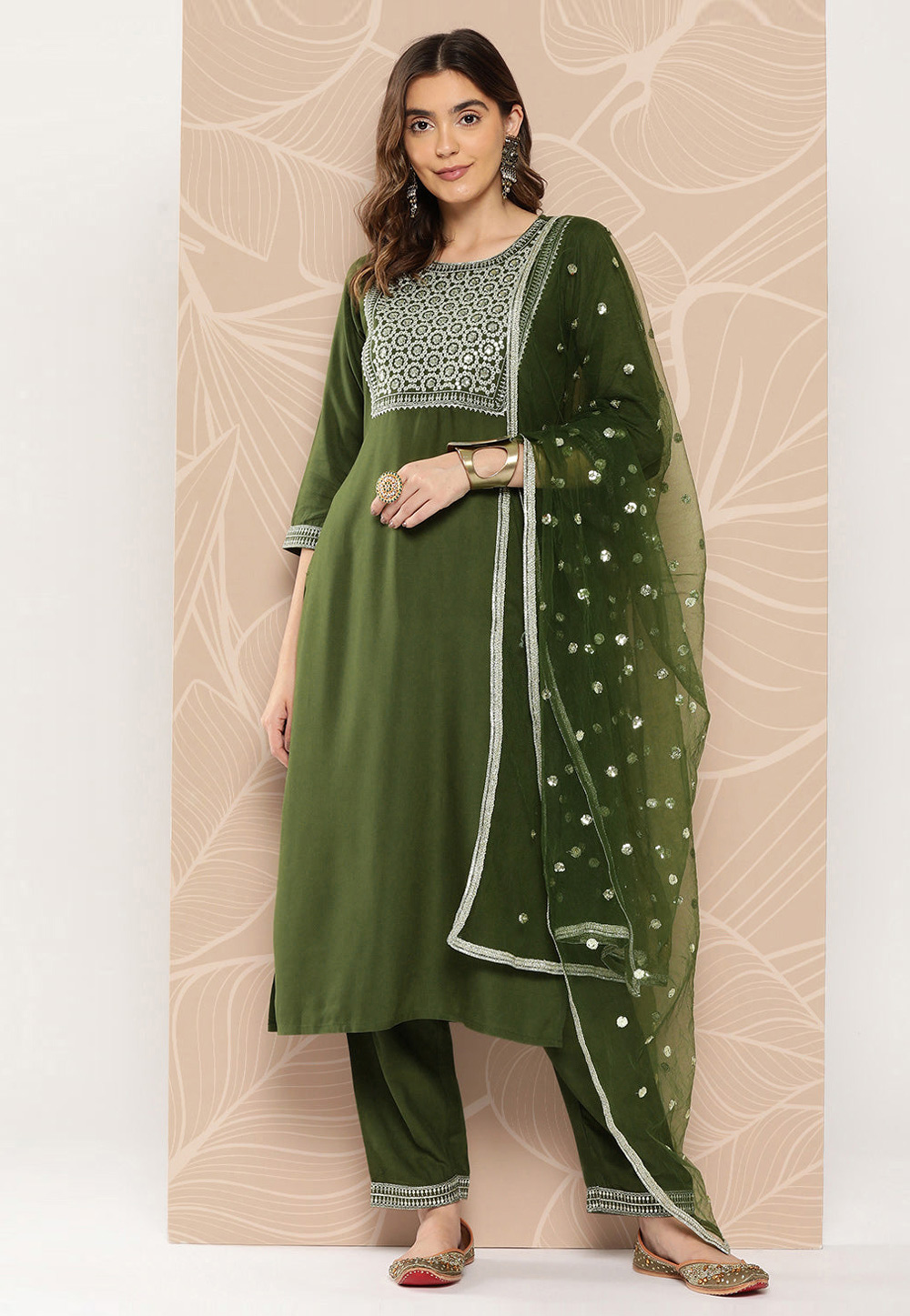 Mehndi Viscose Rayon Readymade Pakistani Suit 282187