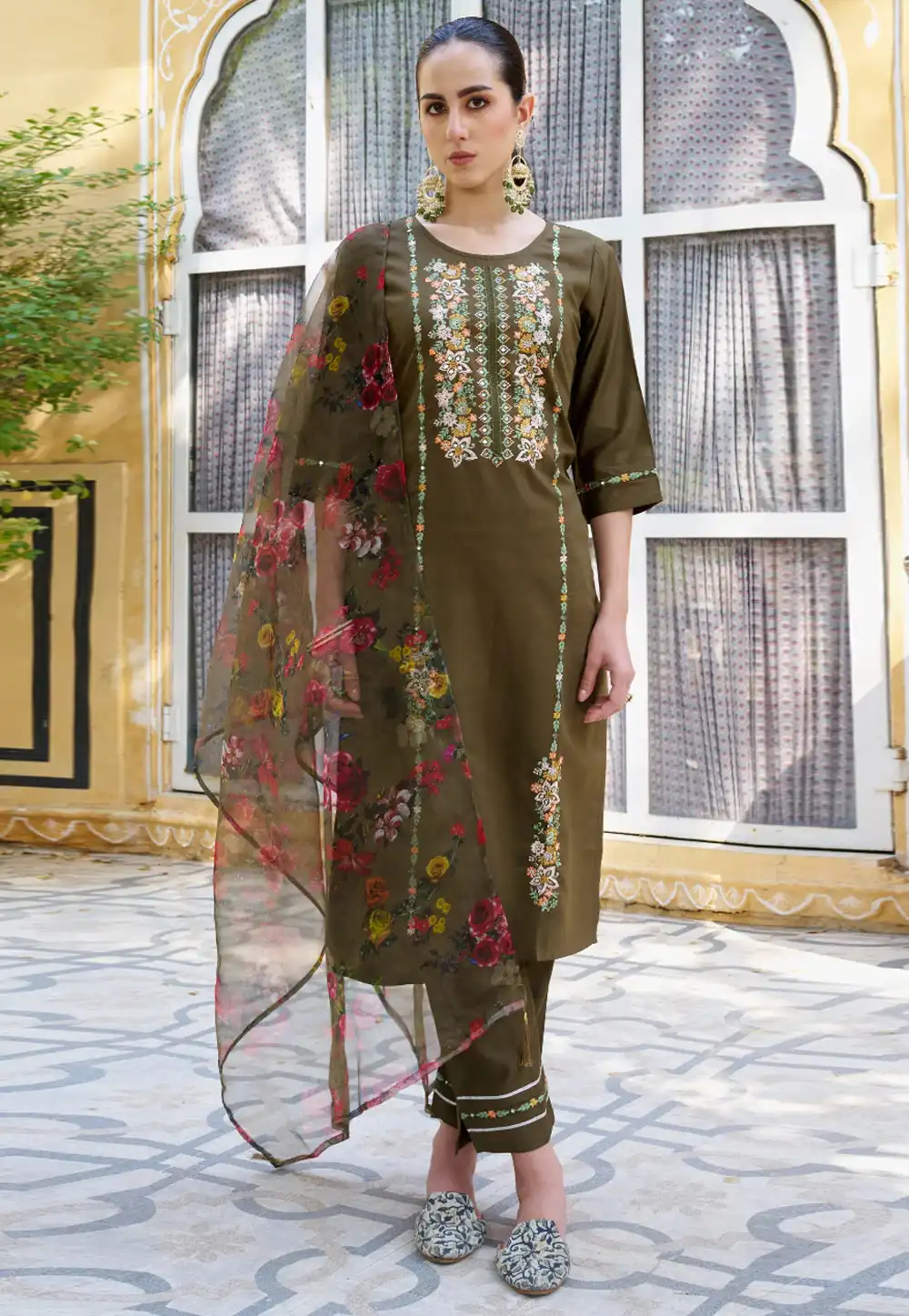 Mehndi Viscose Rayon Readymade Pant Style Suit 288511