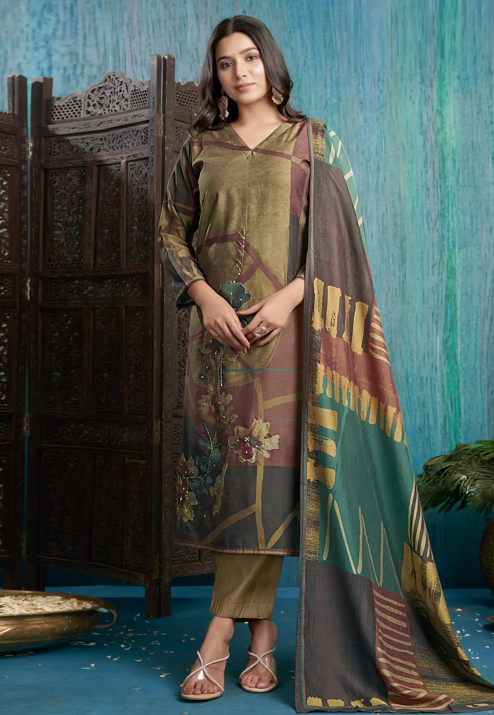 Mehndi Viscose Readymade Pant Style Suit 297762