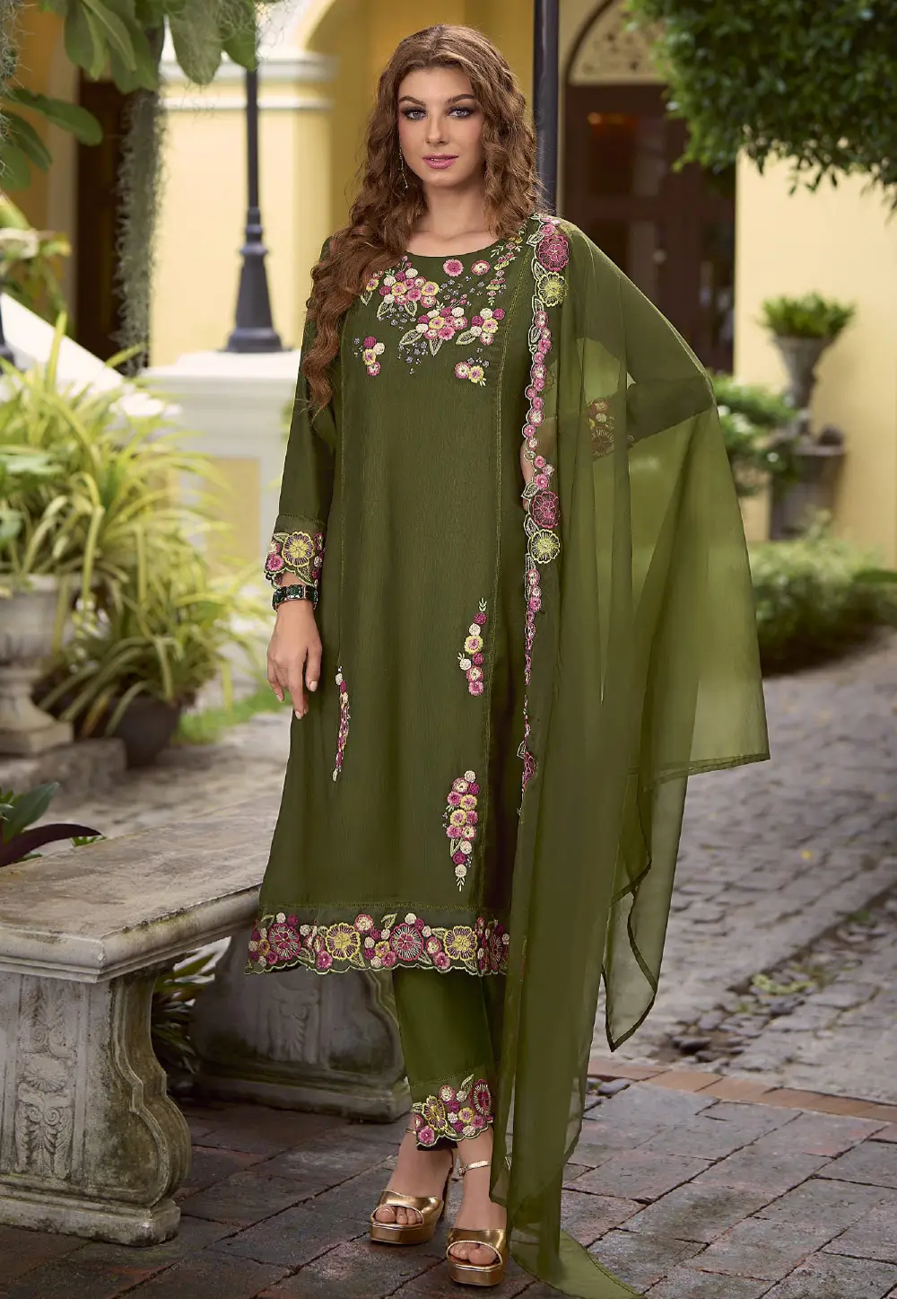 Mehndi Viscose Readymade Pant Style Suit 295204