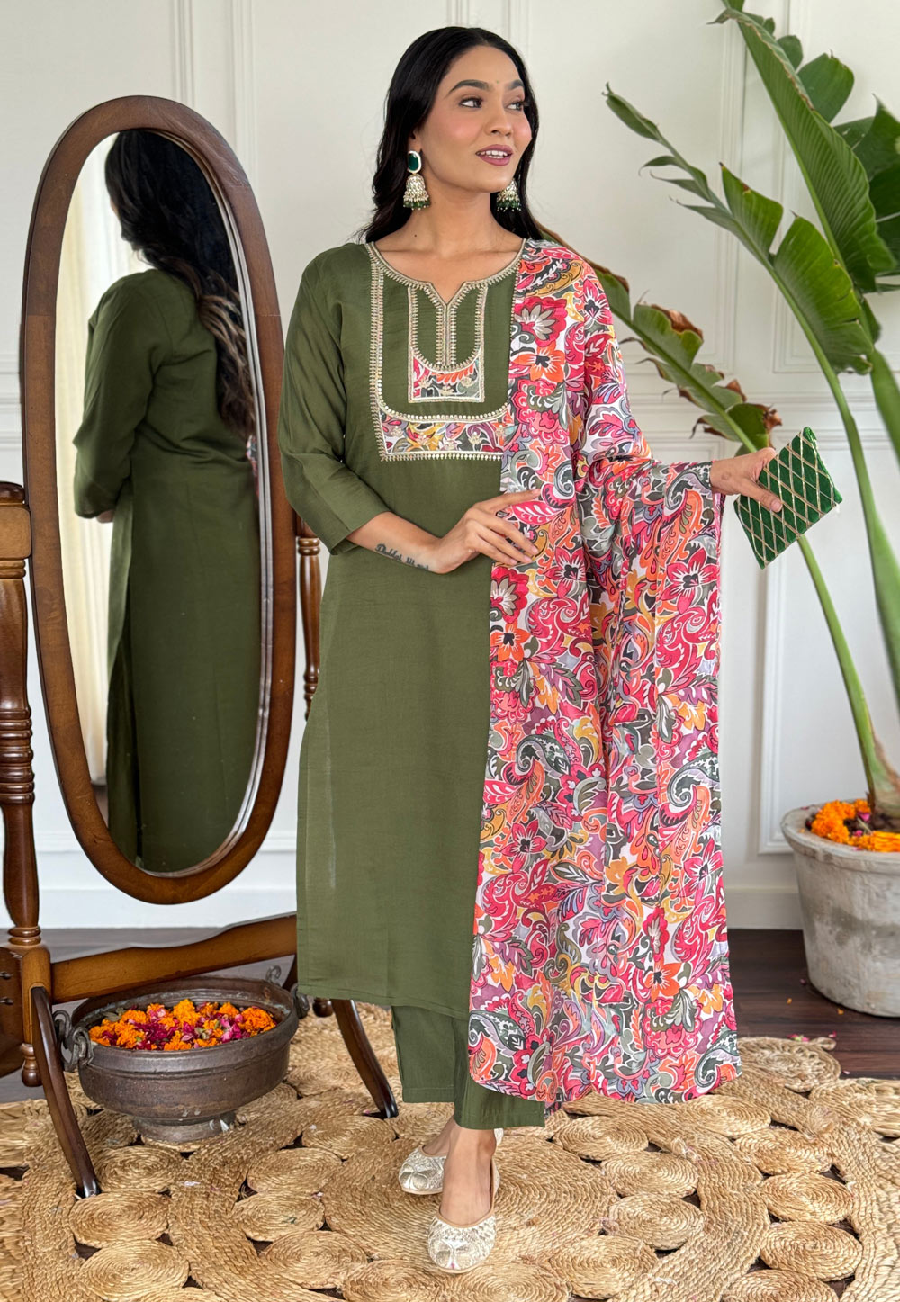 Mehndi Viscose Readymade Pant Style Suit 305556