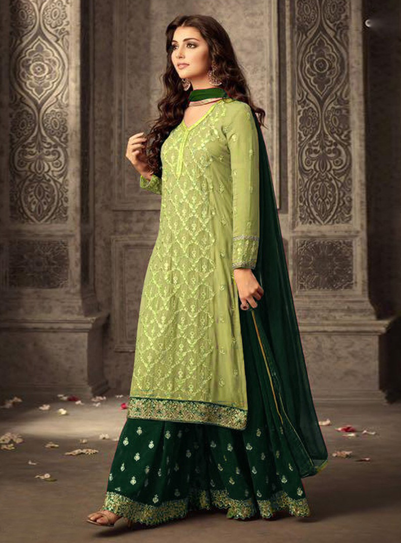 Green Faux Georgette Pakistani Style Suit 138437