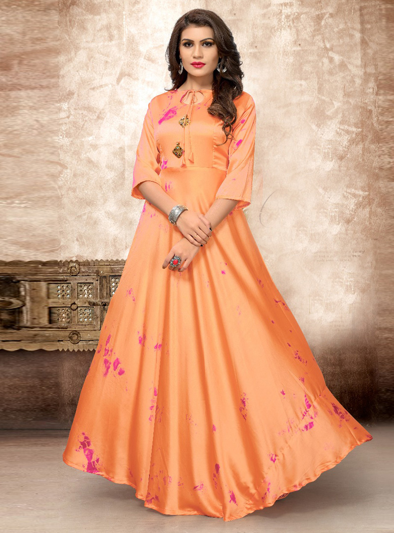 Peach Satin Silk Readymade Gown 133240