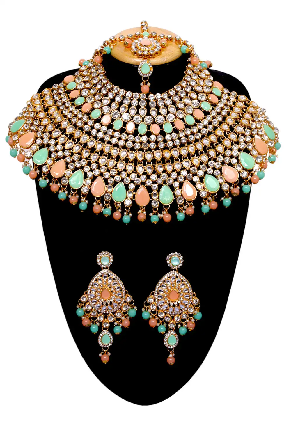 Multicolor Alloy Austrian Diamonds and Kundan Necklace Set With Earrings and Maang Tikka 292923