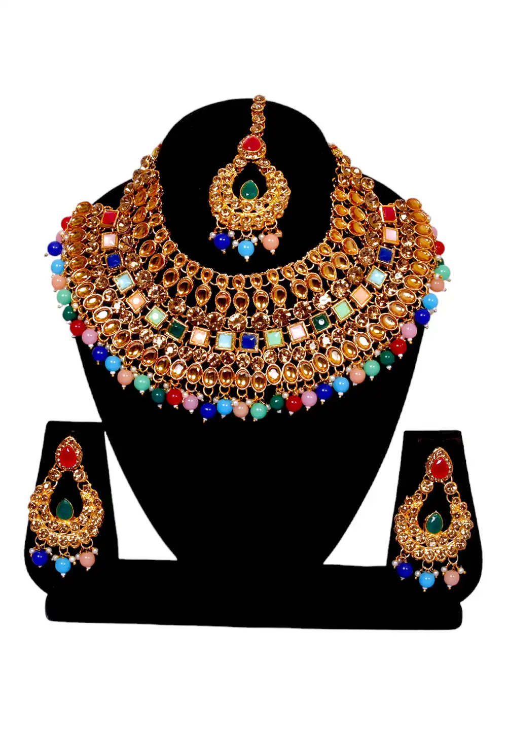 Multicolor Alloy Austrian Diamonds and Kundan Necklace Set With Earrings and Maang Tikka 292934