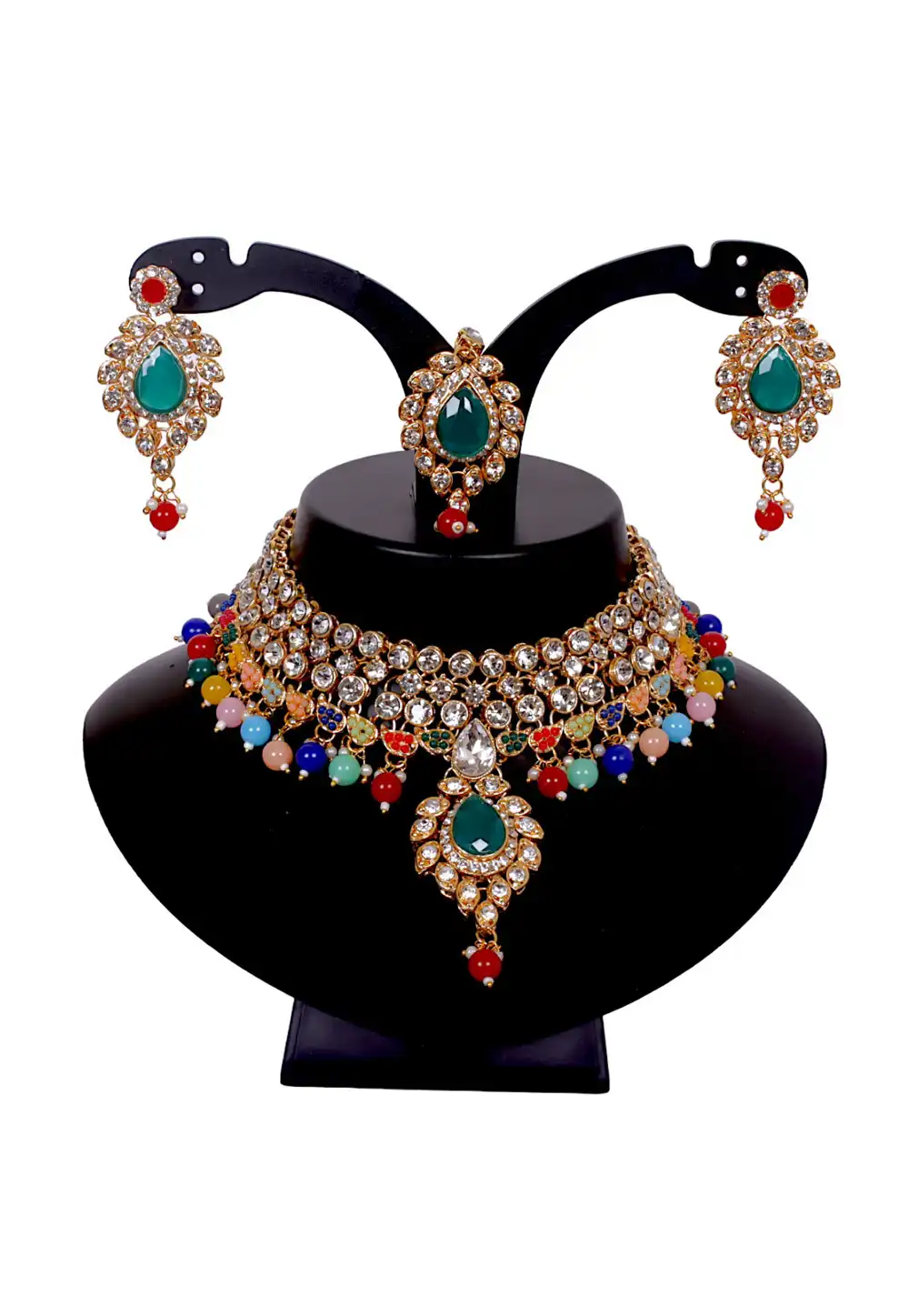 Multicolor Alloy Austrian Diamonds and Kundan Necklace Set With Earrings and Maang Tikka 292945