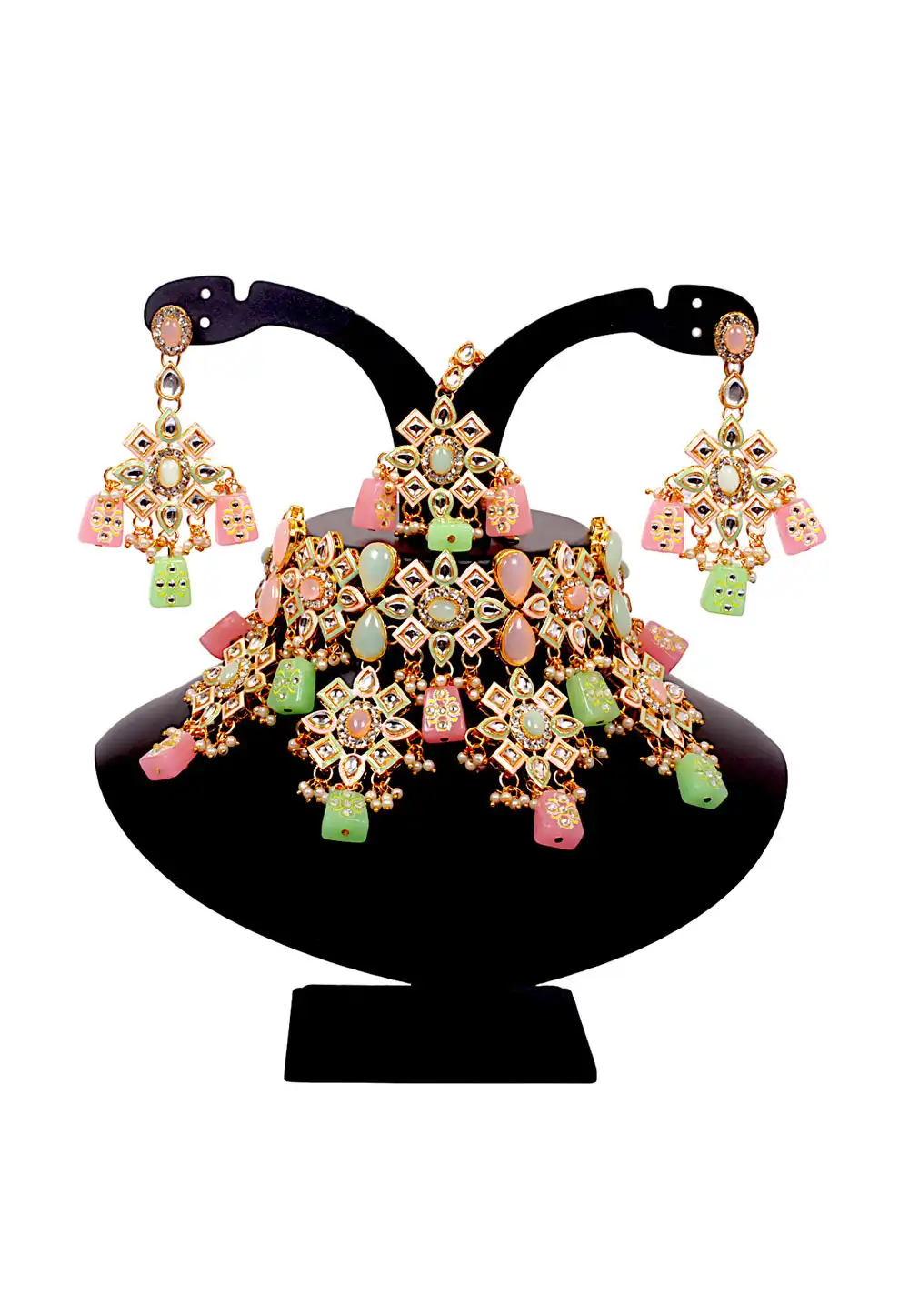 Multicolor Brass Austrian Diamonds and Kundan Necklace Set With Earrings and Maang Tikka 292896