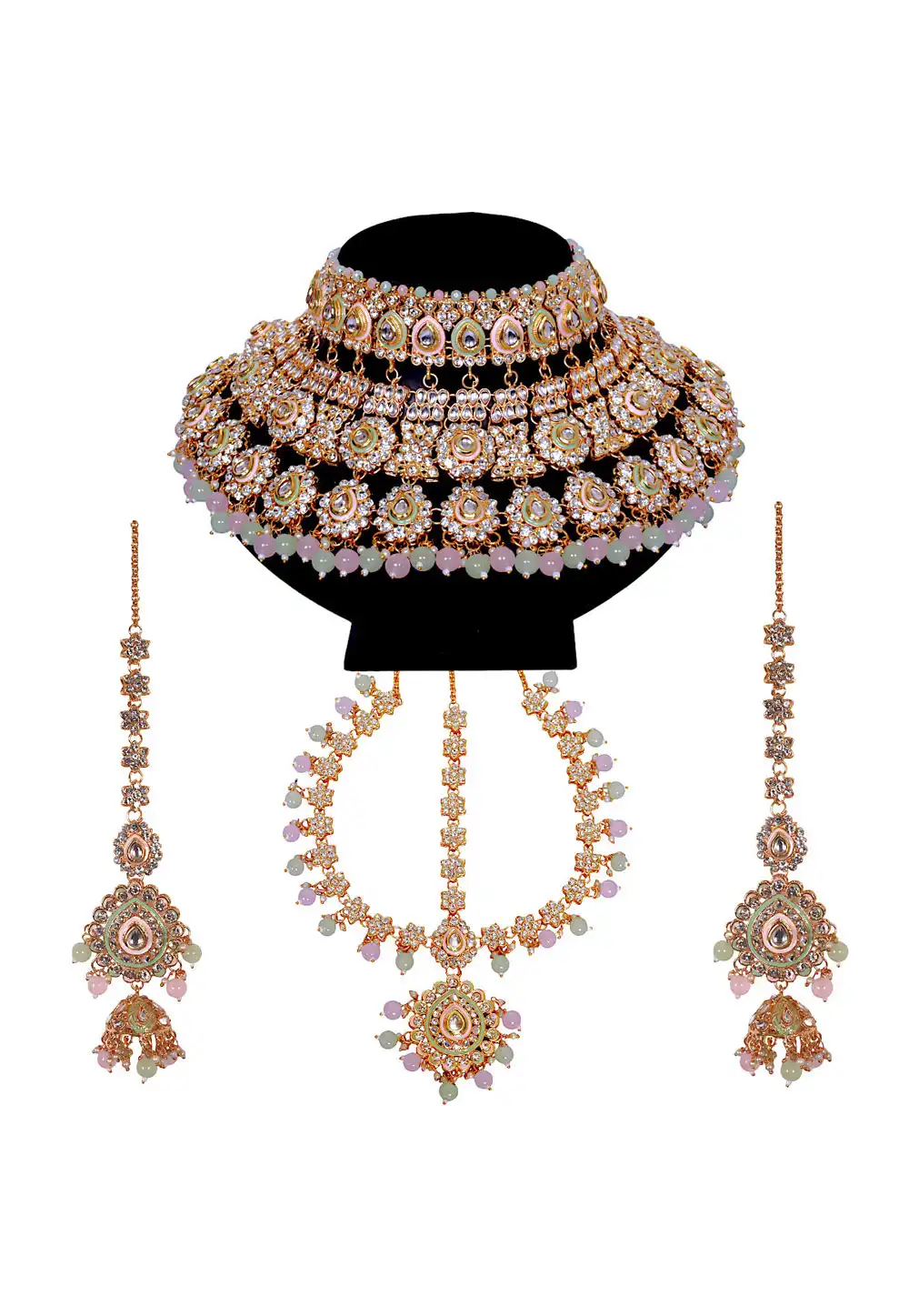 Multicolor Brass Austrian Diamonds and Kundan Necklace Set With Earrings and Maang Tikka 292929