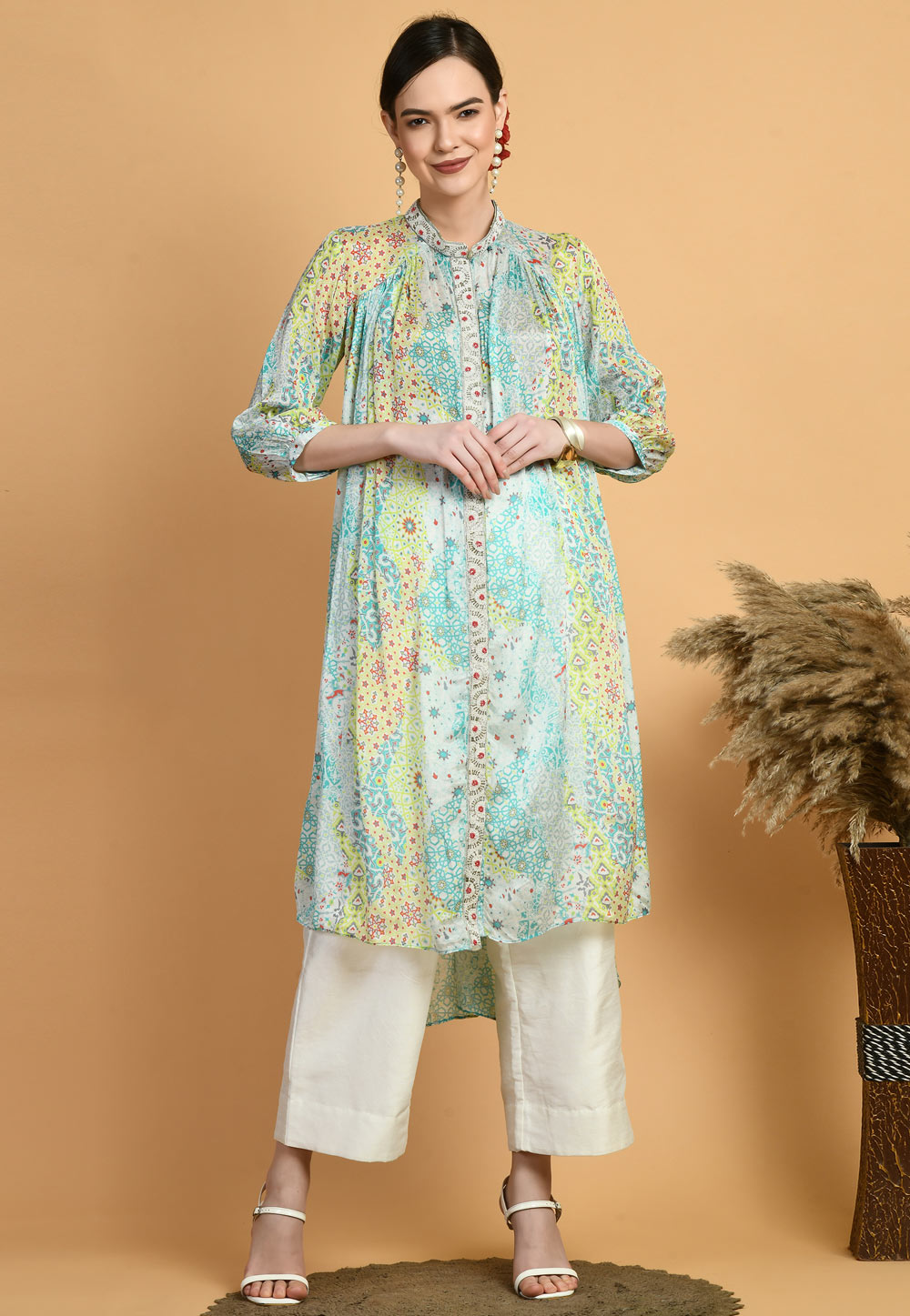 Multicolor Chinon Kurta Set With Palazzo 305448