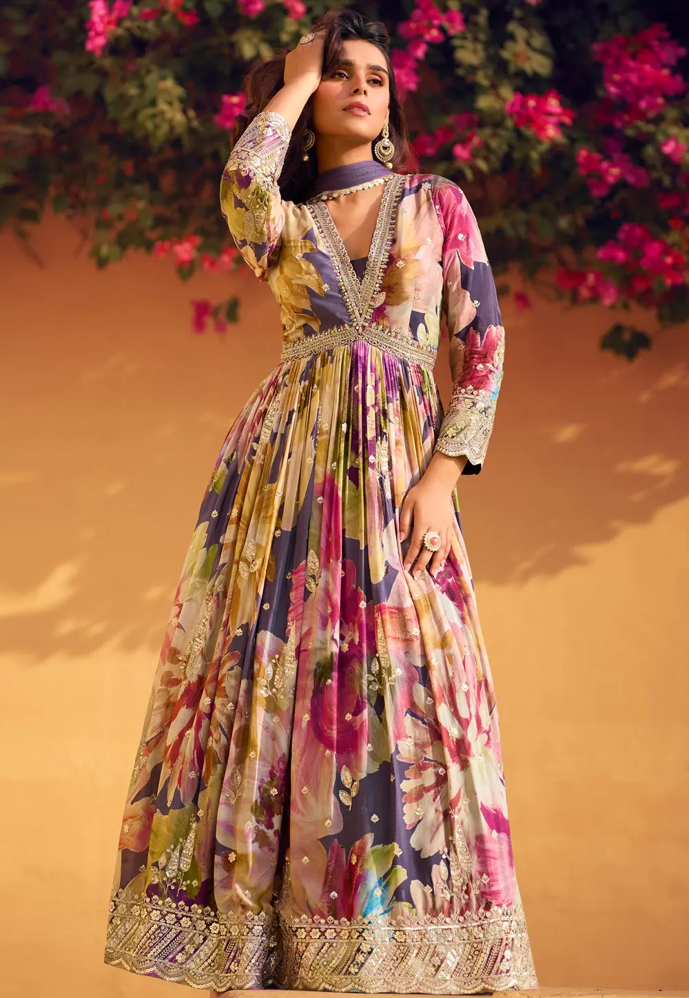 Multicolor Chinon Silk Anarkali Suit 302922