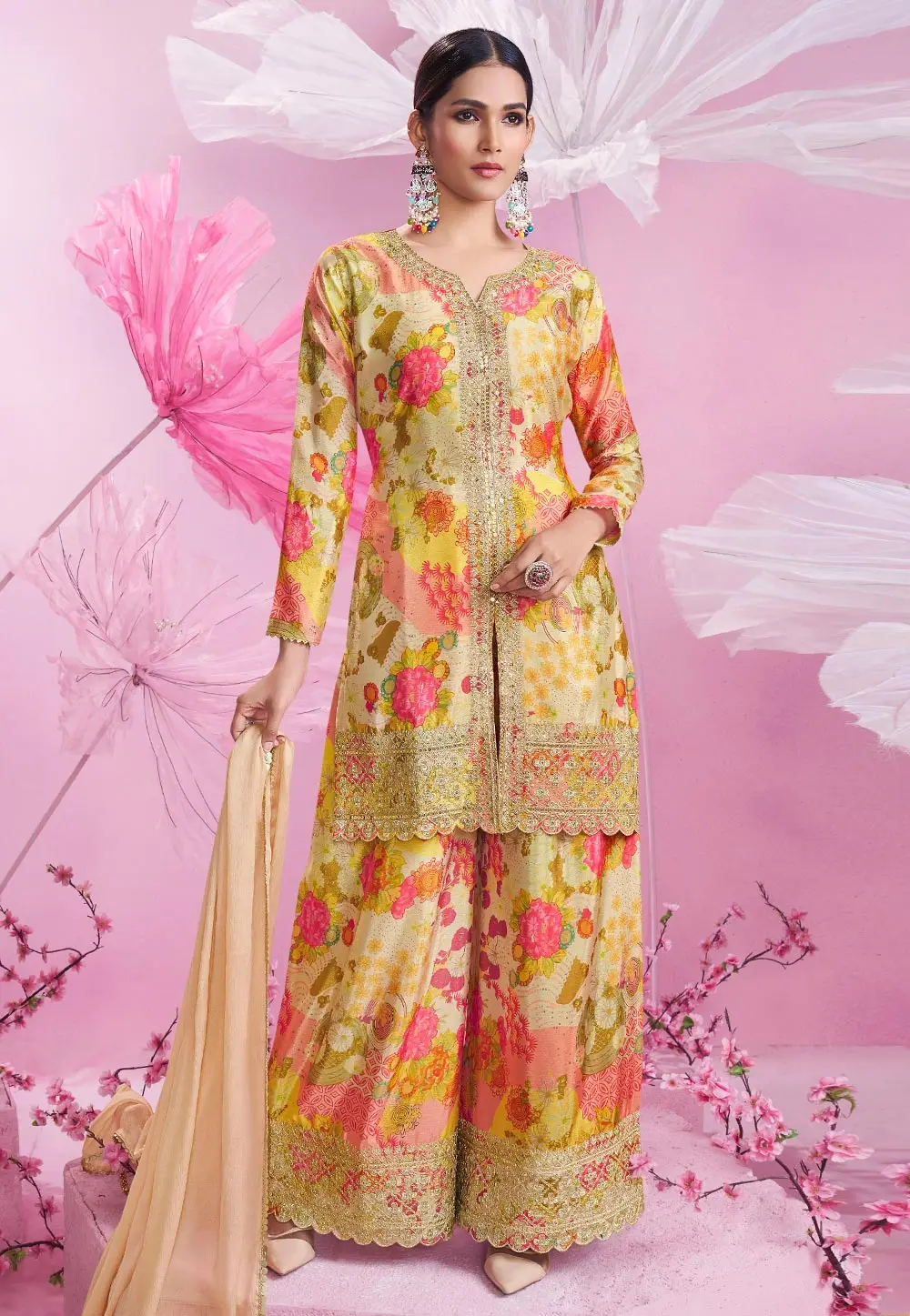 Multicolor Chinon Silk Palazzo Suit 304229