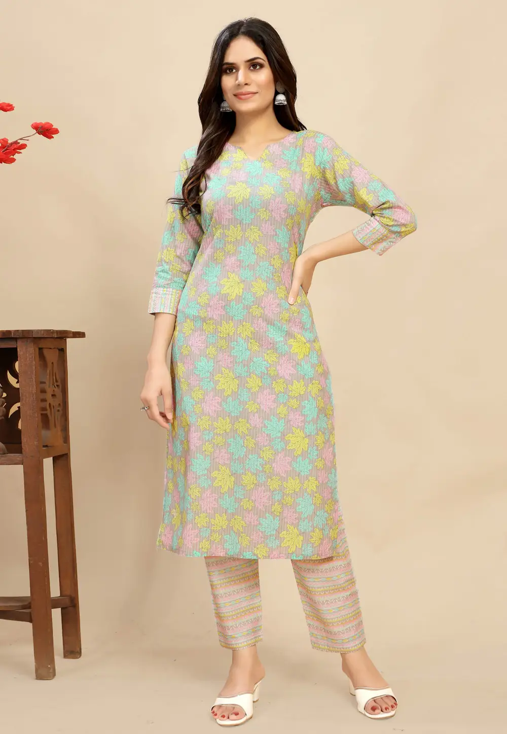 Multicolor Cotton Kurta Set With Pent 295307