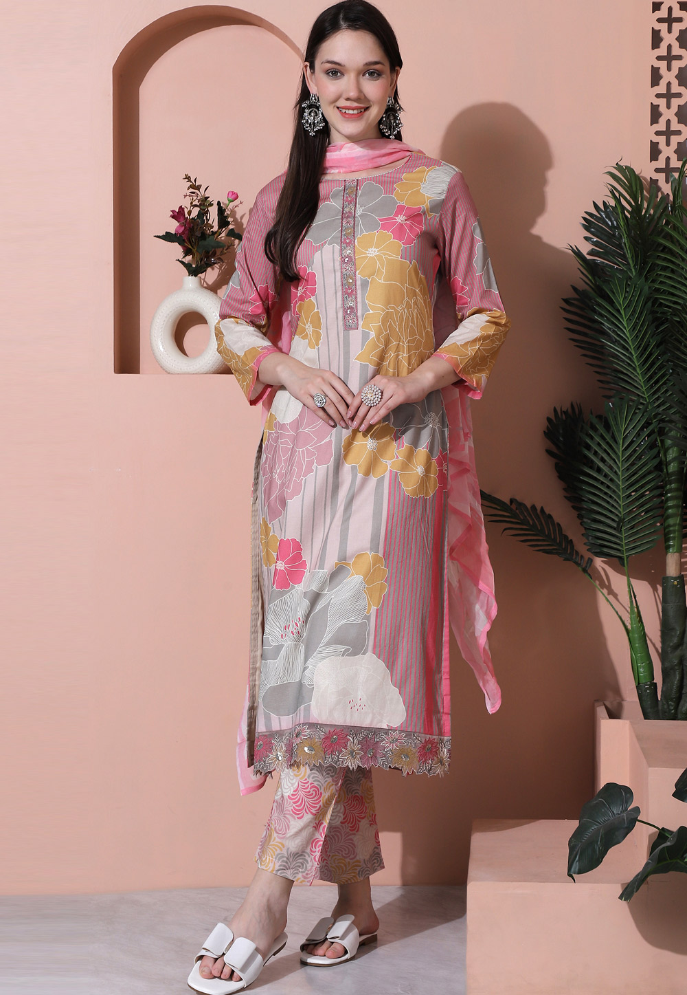 Multicolor Cotton Pant Style Suit 310083