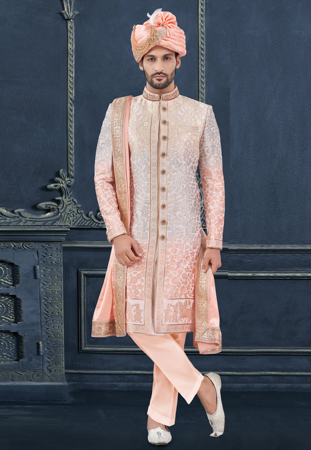 Multicolor Jacquard Achkan Style Sherwani 305200