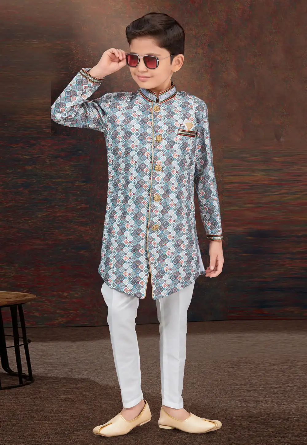 Multicolor Jacquard Kids Indo Western Sherwani 294956