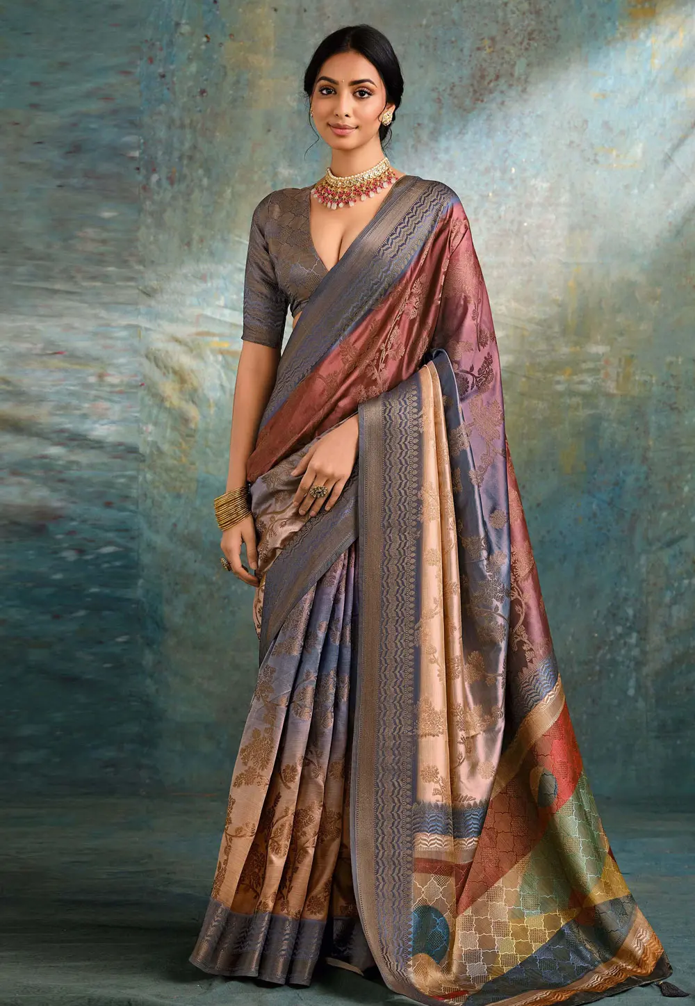 Multicolor Jacquard Silk Saree With Blouse 302252