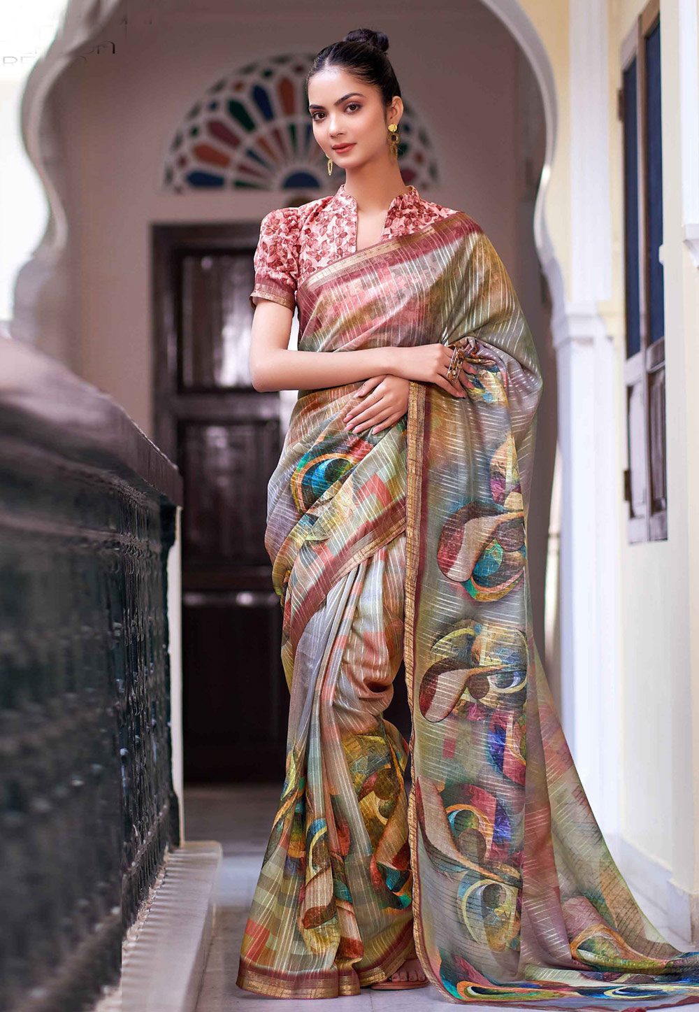 Multicolor Linen Saree With Blouse 279798