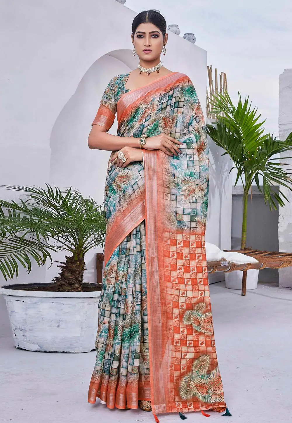 Multicolor Linen Saree With Blouse 296048