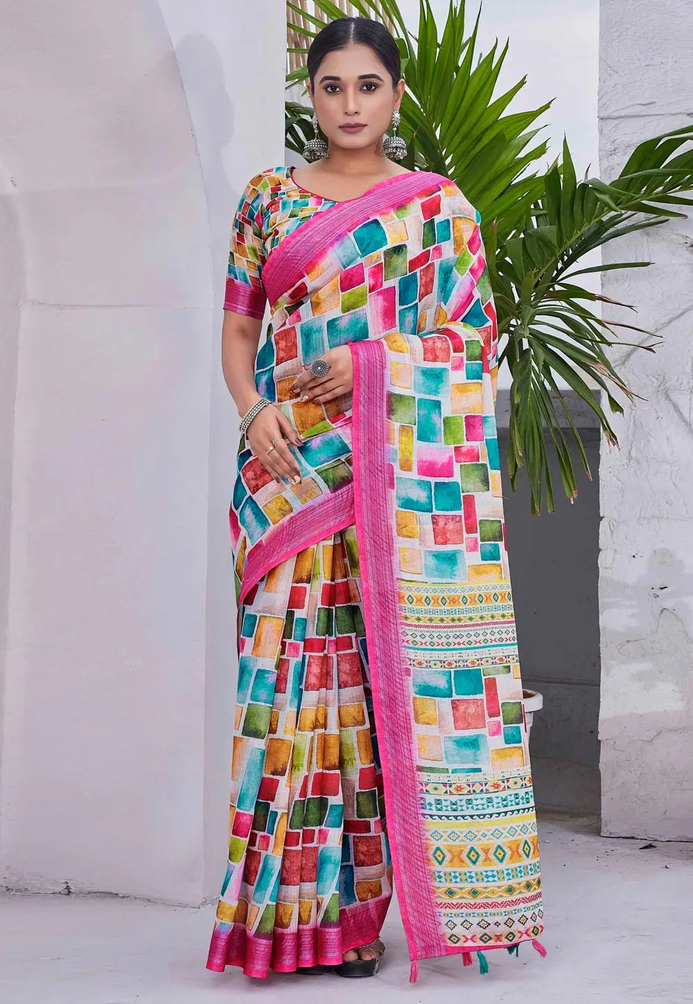 Multicolor Linen Saree With Blouse 296050