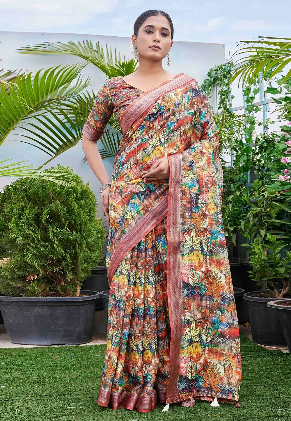 Multicolor Linen Saree With Blouse 296059