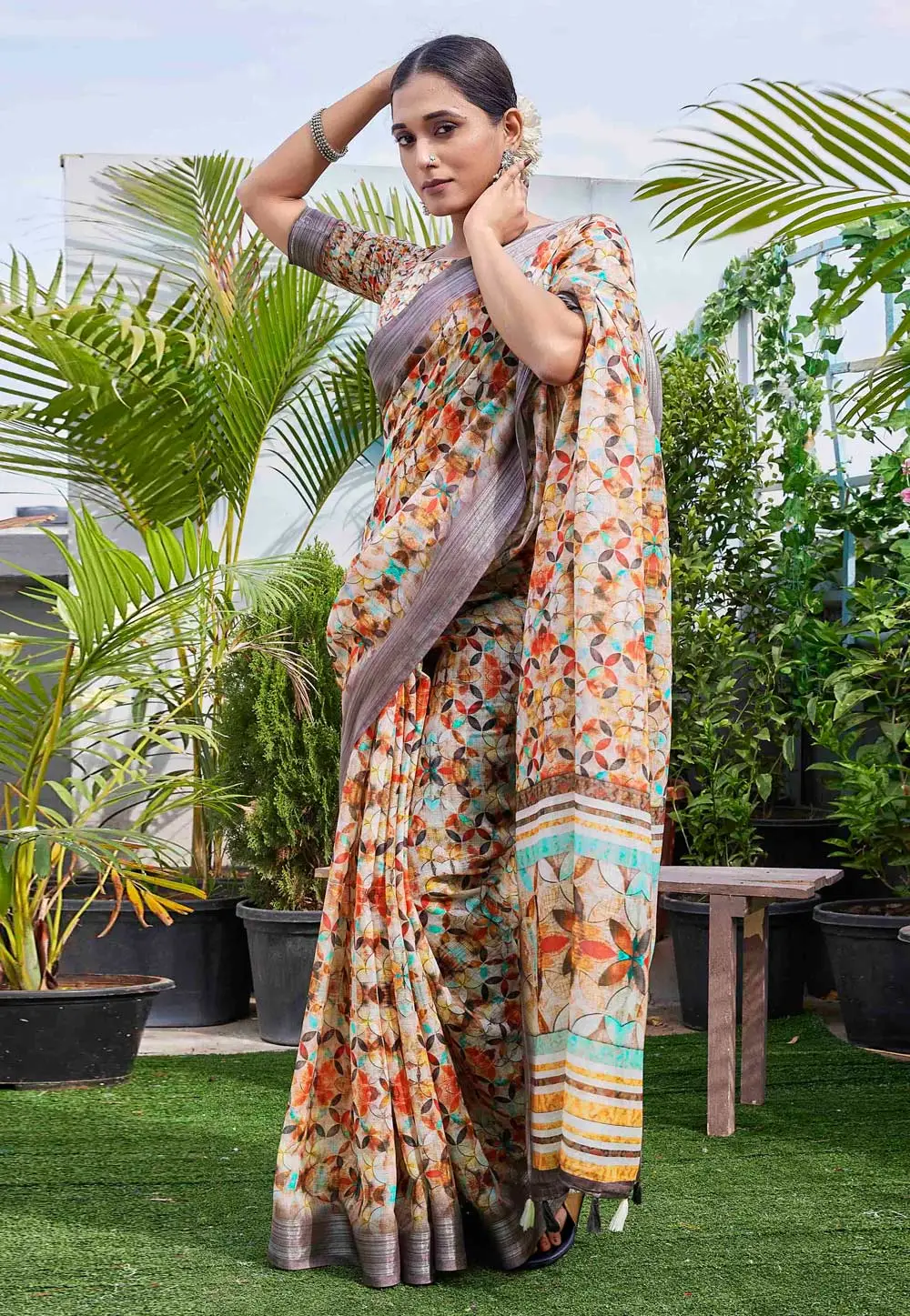 Multicolor Linen Saree With Blouse 296064