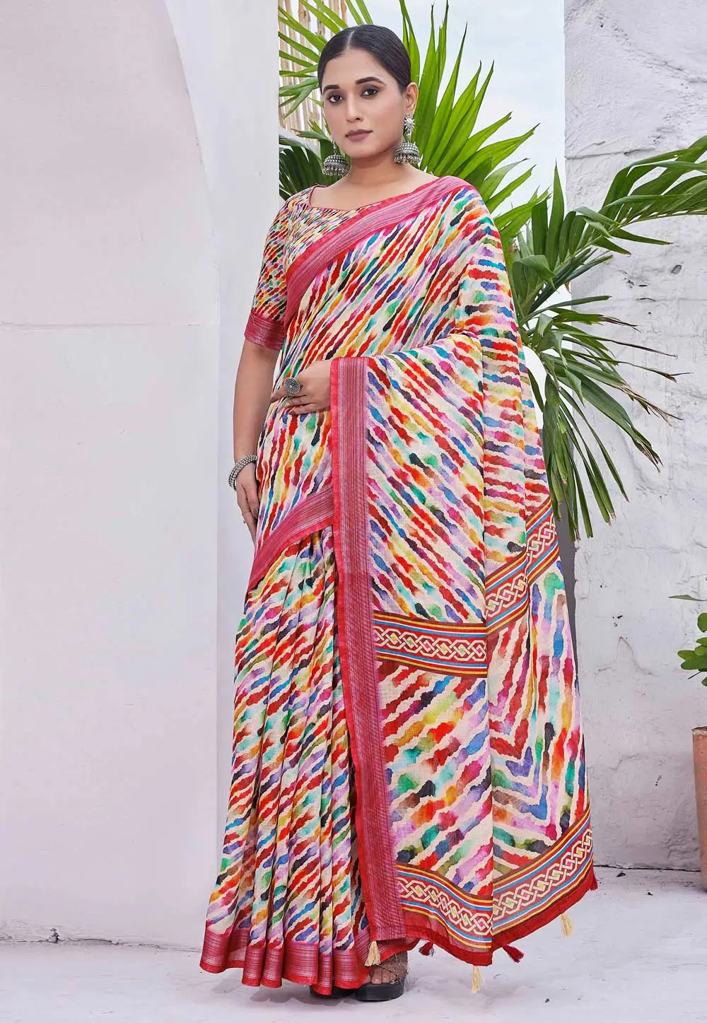 Multicolor Linen Saree With Blouse 296065