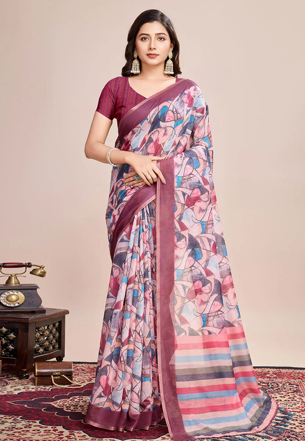 Multicolor Linen Saree With Blouse 300109