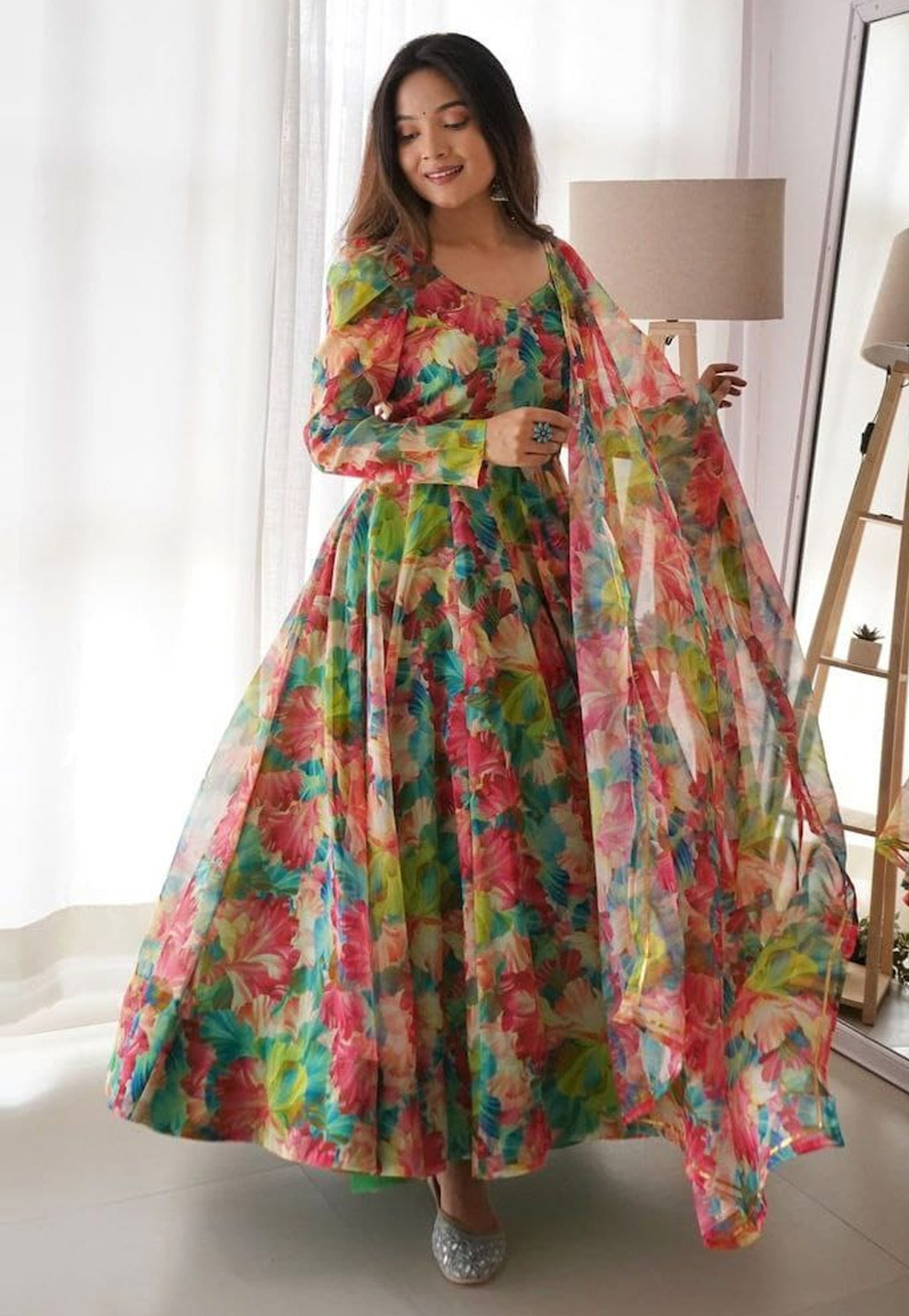Multicolor Organza Readymade Floral Long Anarkali Suit 281017