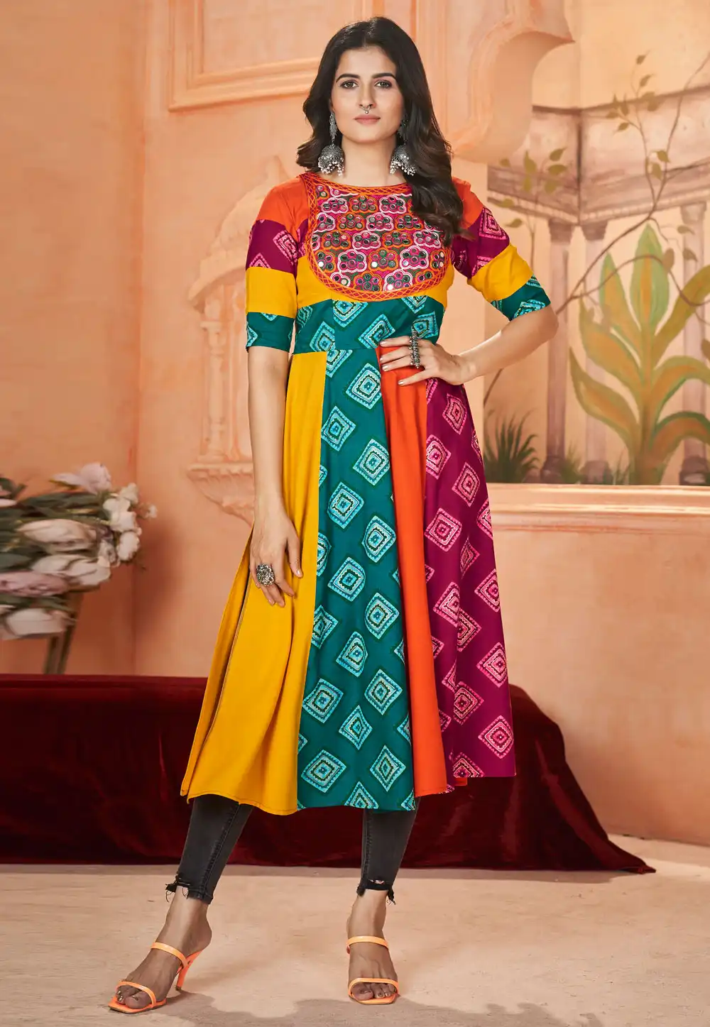 Multicolor Rayon Navratri Wear Kurti 294274