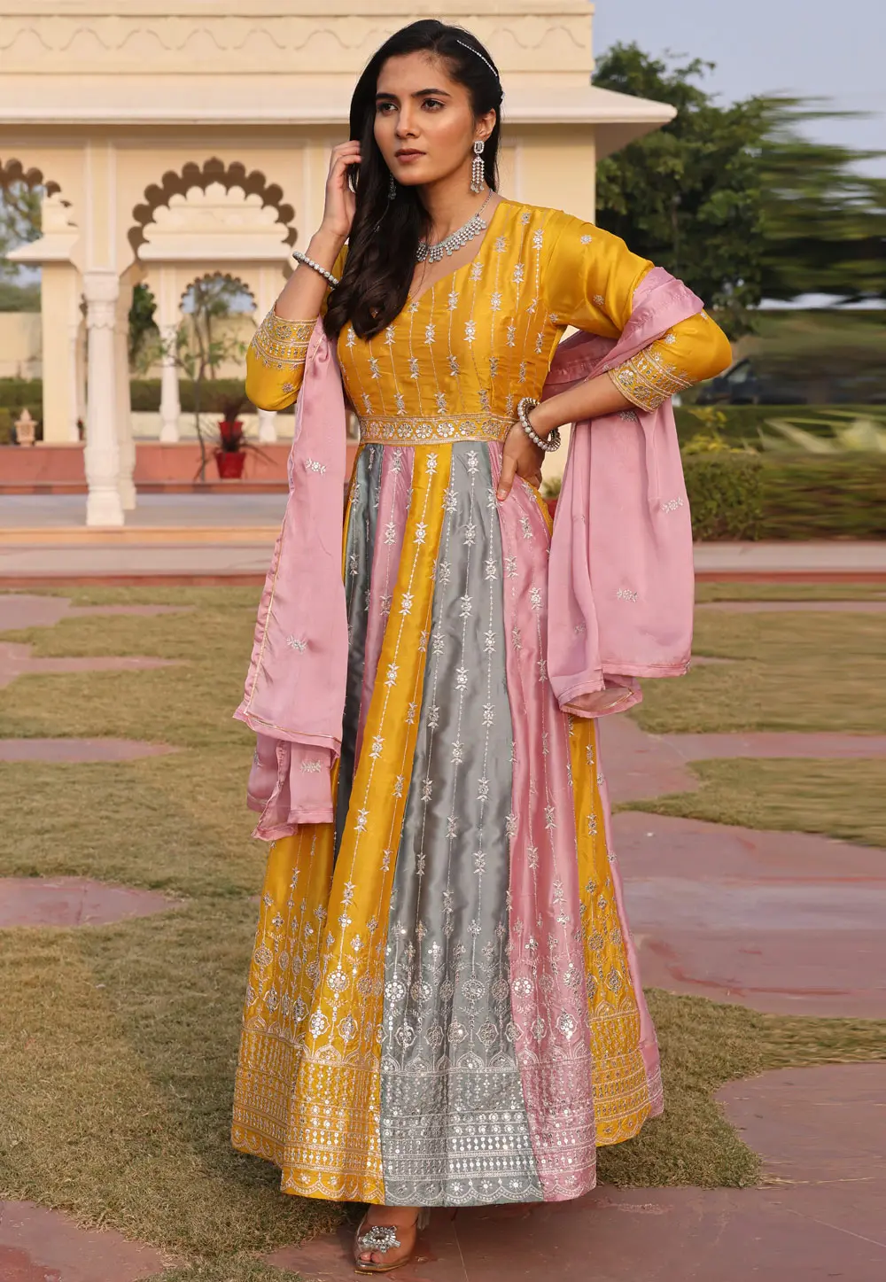 Multicolor Silk Long Anarkali Suit 304009