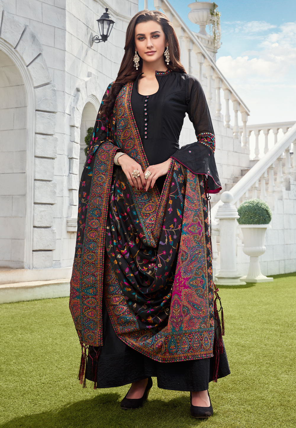 Black Chanderi Readymade Abaya Style Anarkali Suit 197289