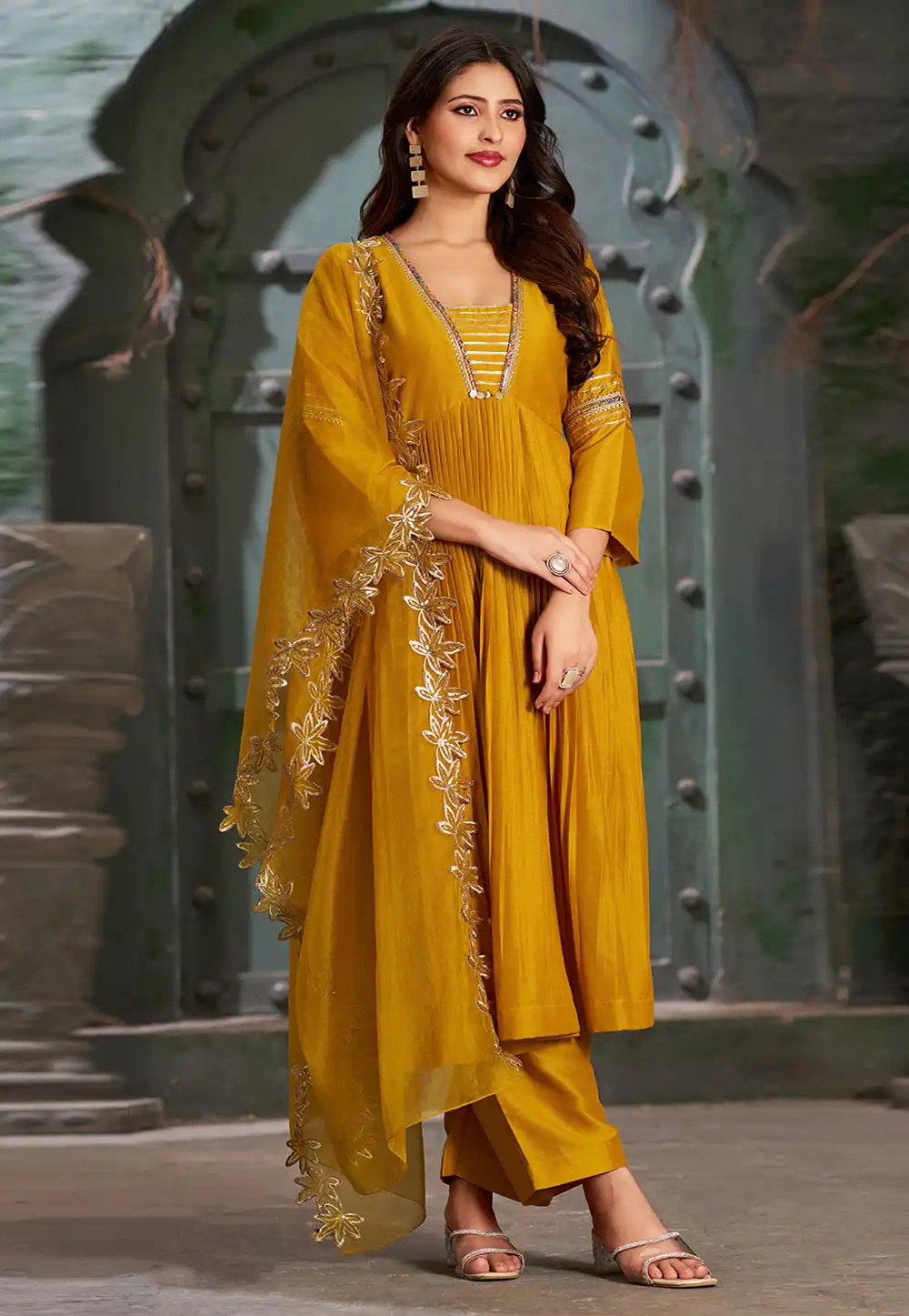 Mustard Art Silk Readymade Palazzo Suit 294184