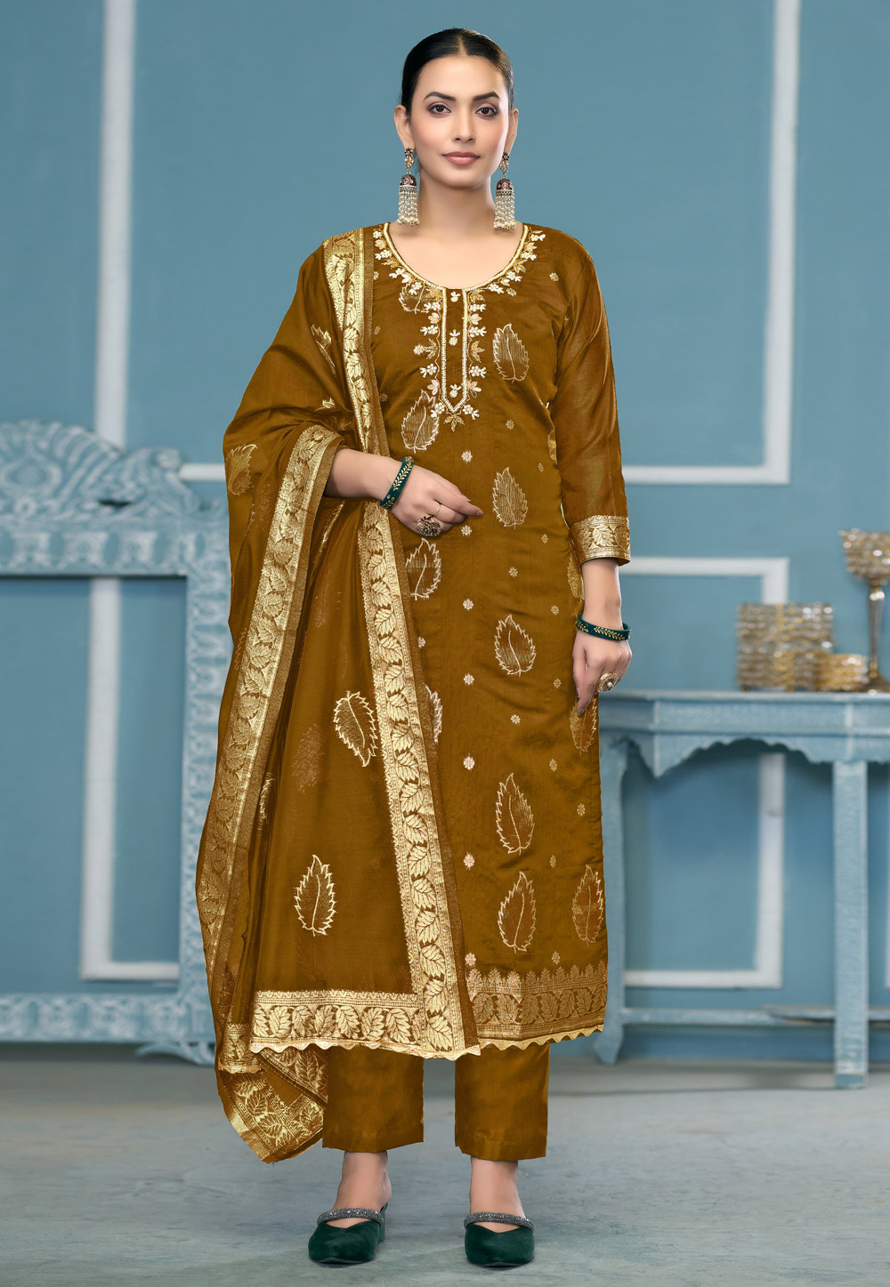 Mustard Banarasi Pant Style Suit 306829