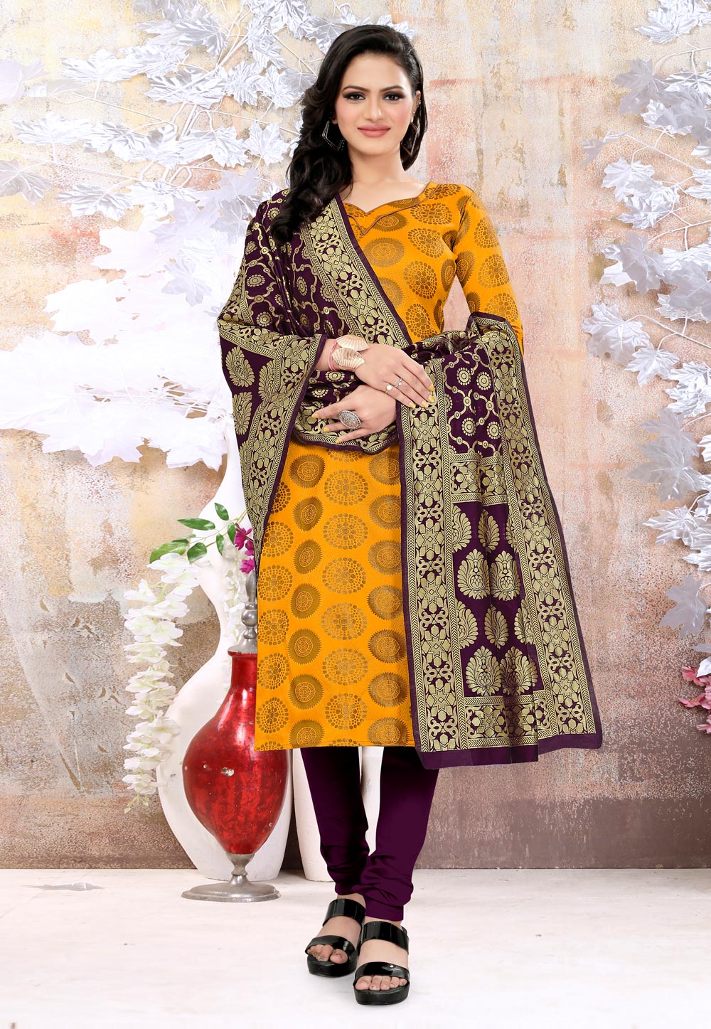 Mustard Banarasi Silk Churidar Suit 278414