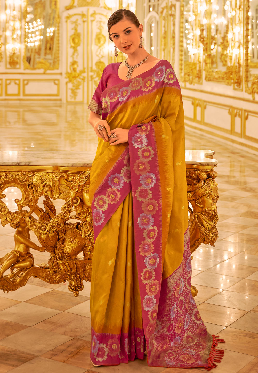 Mustard Banarasi Silk Saree With Blouse 286672