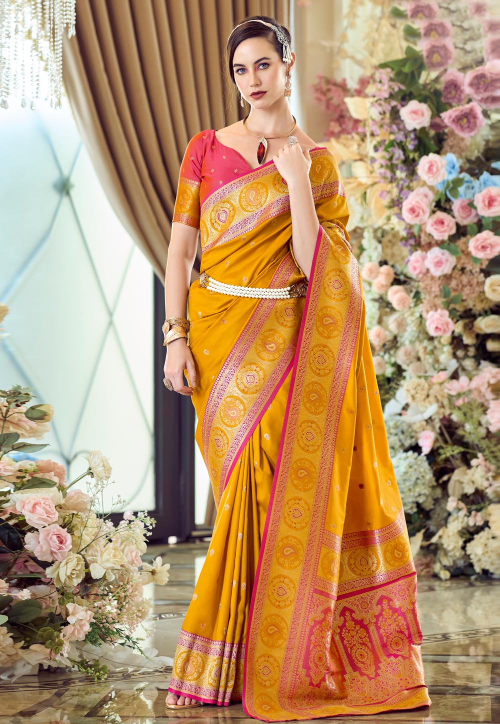 Mustard Banarasi Silk Saree With Blouse 305002