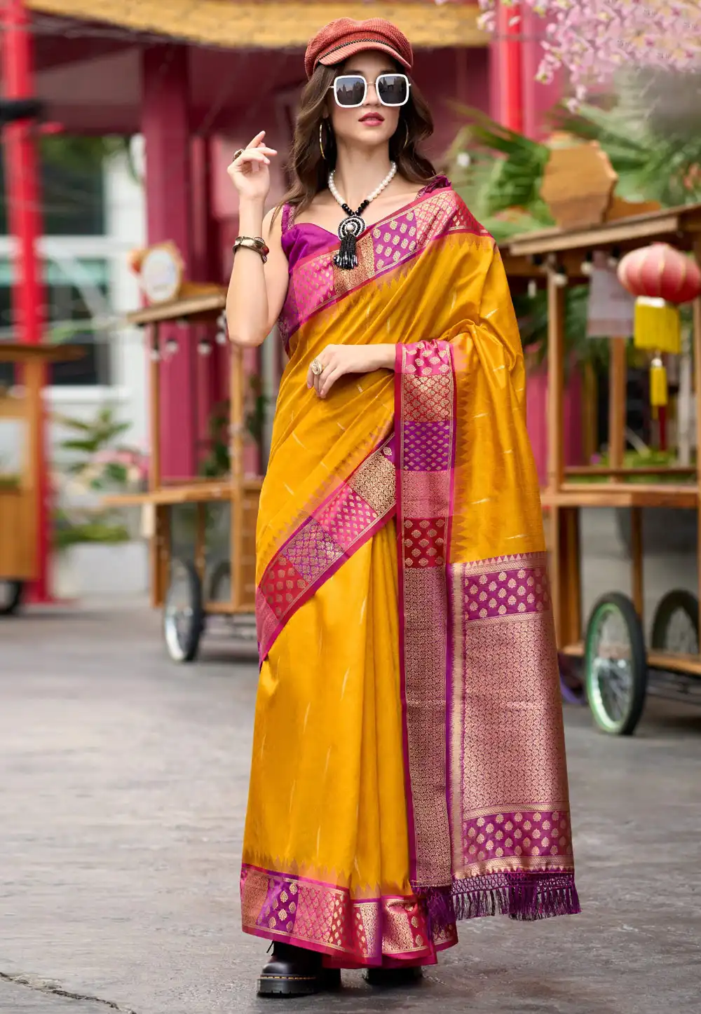 Mustard Banarasi Silk Saree With Blouse 293599